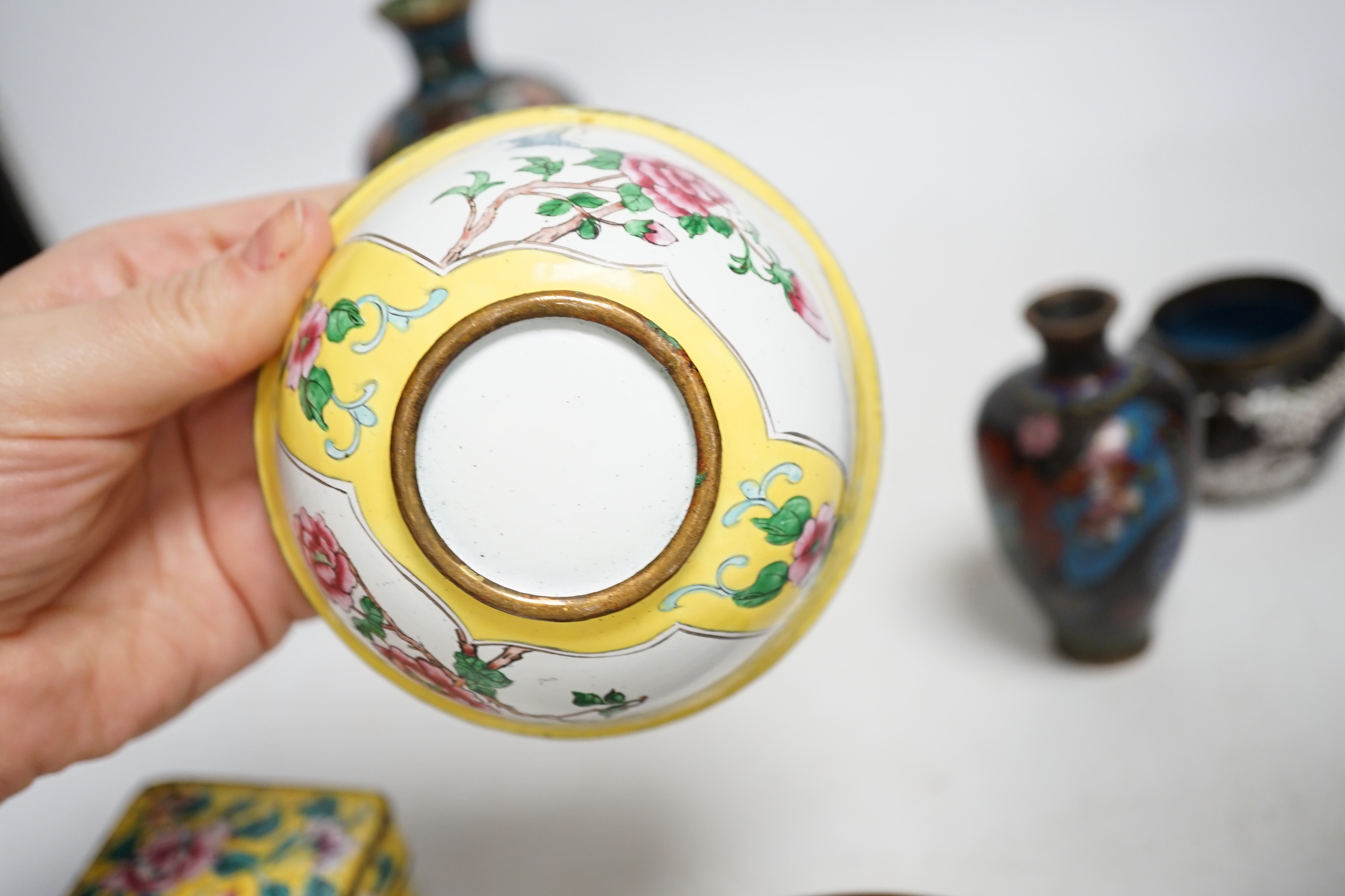 Four Japanese cloisonné enamel vases and a similar bowl and two Canton enamel bowls and similar box and cover, tallest 30cm high